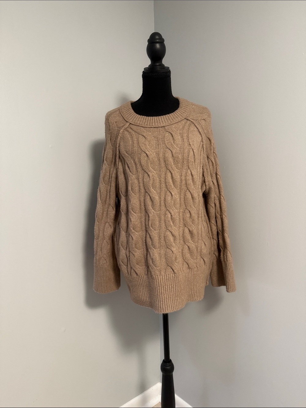 Pink Rose Cable Knit Crewneck Sweater - Beige